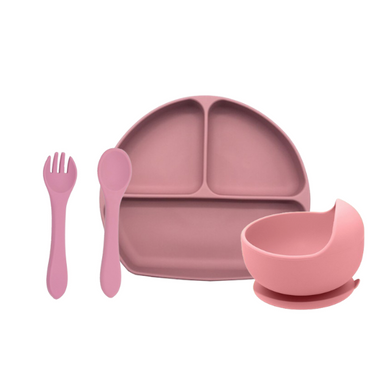 Baby Silicone Plate + Bowl + Spoon/Fork Bundle - Pink