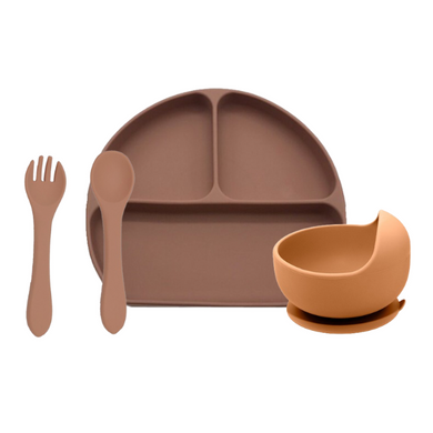 Baby Silicone Plate + Bowl + Spoon/Fork Bundle - Cocoa